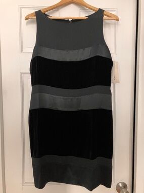 NWT Vintage Emanuel Ungaro Silk and Velour Striped Black Sleeveless Sheath Dress